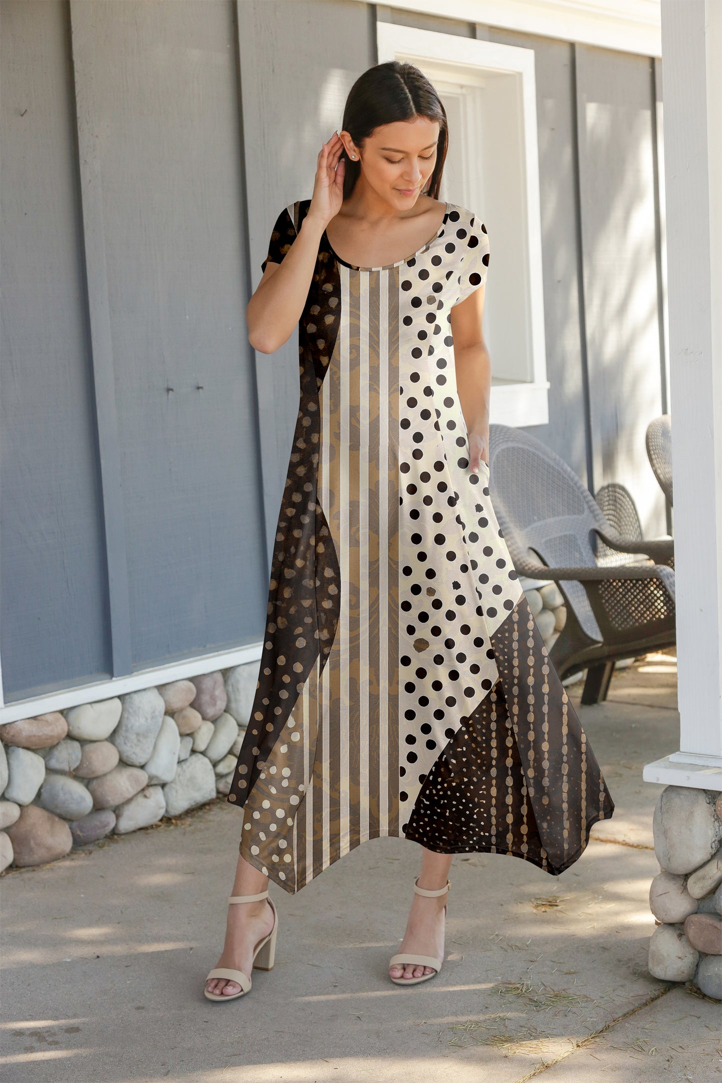 Elegant Patchwork Maxi Dress with Scarf Hem-Turquoise Pink Vintage Floral