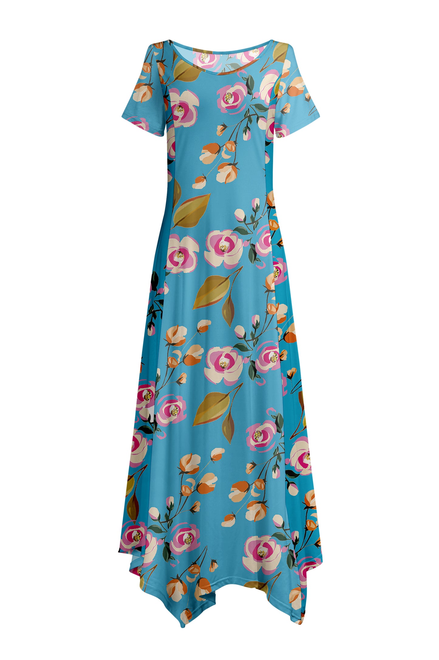 Elegant Patchwork Maxi Dress with Scarf Hem-Turquoise Pink Vintage Floral