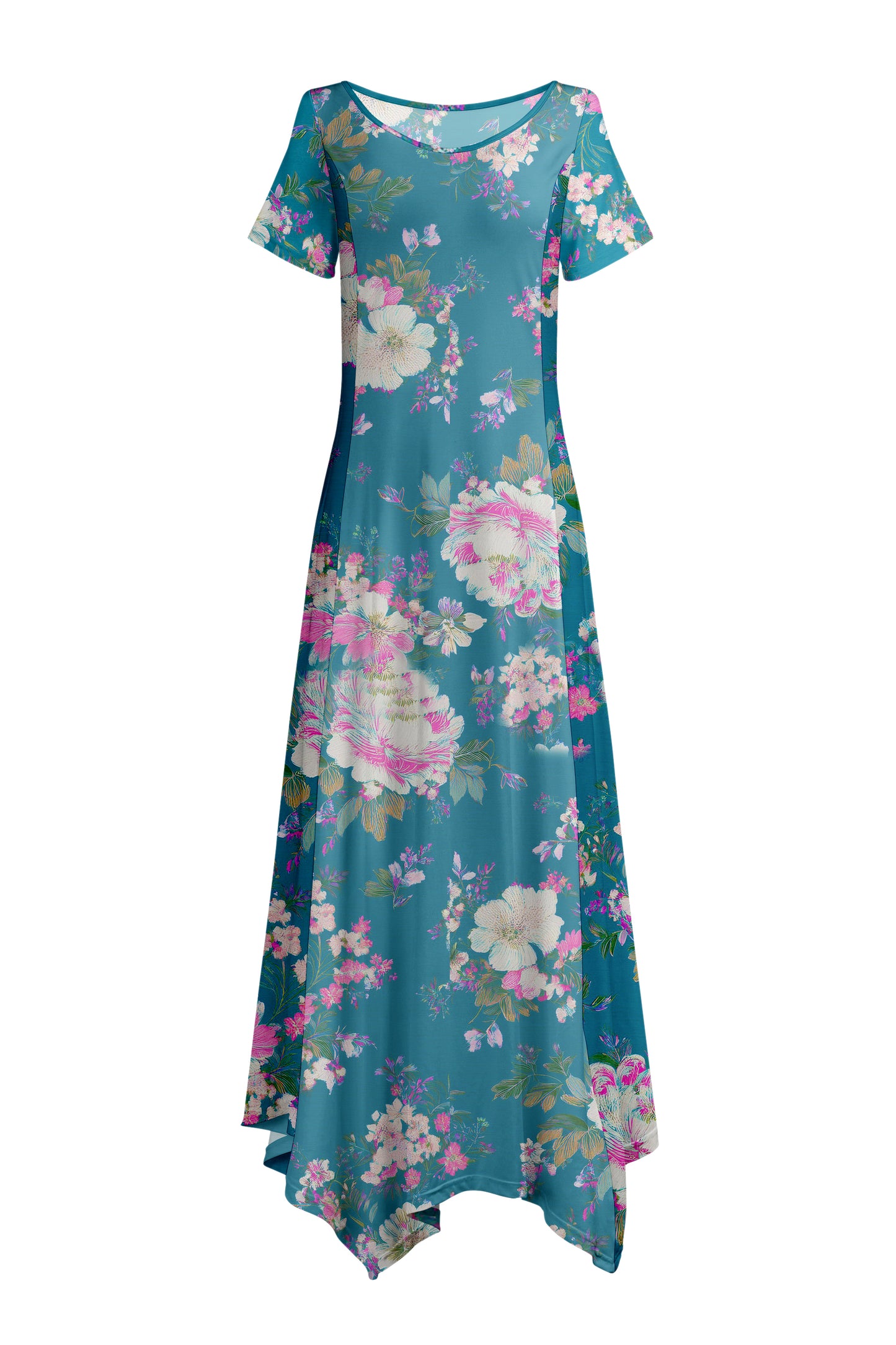 Elegant Patchwork Maxi Dress with Scarf Hem-Turquoise Pink Vintage Floral