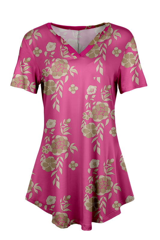 Classic Notch Tunic with Short Sleeves Floral Coral & Blue