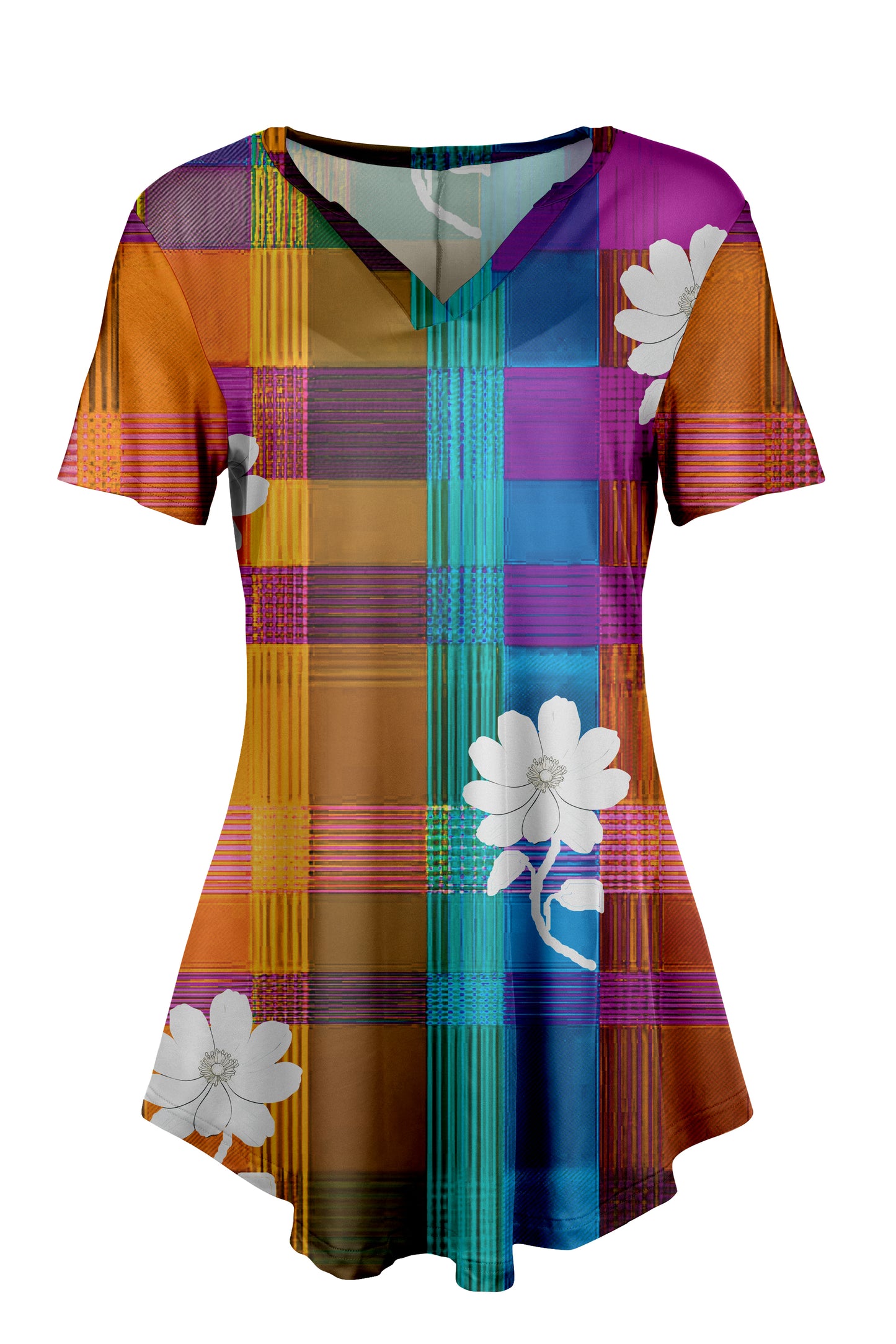 Classic Notch Tunic with Short Sleeves Daisy Plaid