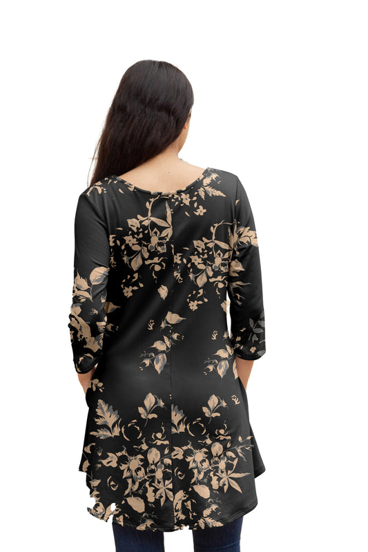 Flattering Long-Sleeve Tunic with Side Pockets -Black Gold Floral