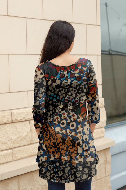 Flattering Long-Sleeve Tunic with Side Pockets -Multi Colors Abstract