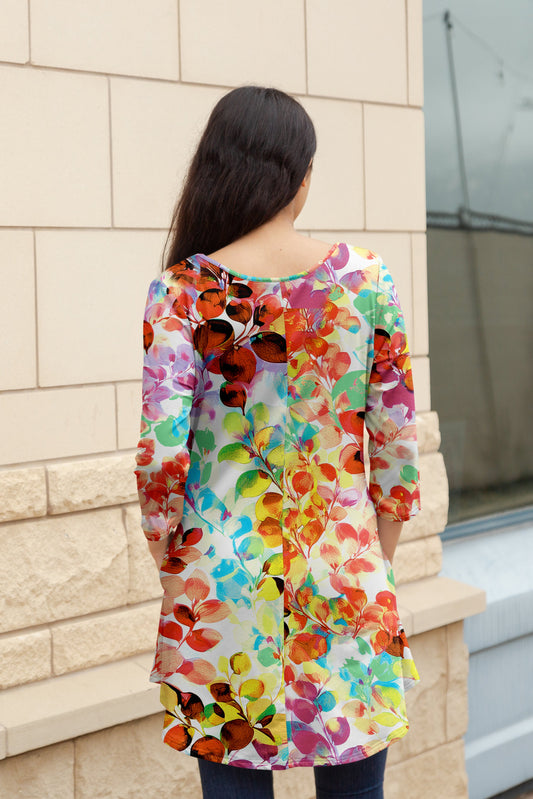 Flattering Long-Sleeve Tunic with Side Pockets -Green Orange Leaves