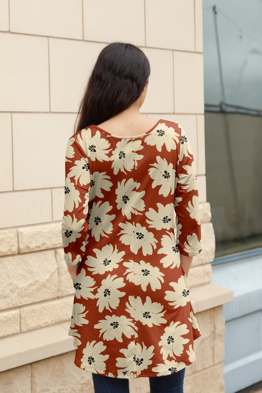 Flattering Long-Sleeve Tunic with Side Pockets -Light Brown Beige Floral