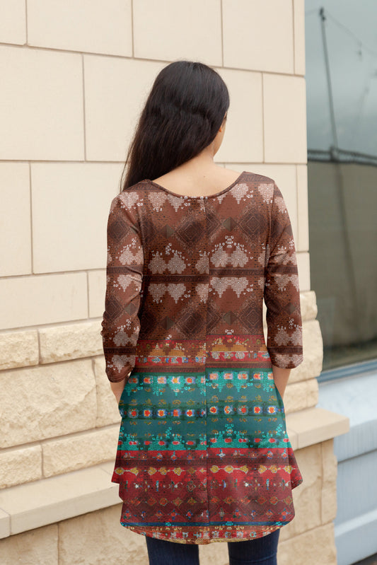 Flattering Long-Sleeve Tunic with Side Pockets -Brown Teal Strips