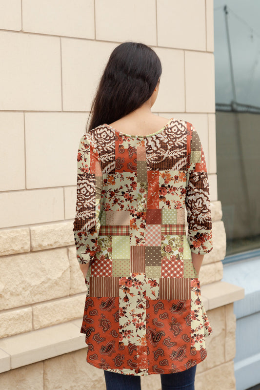 Flattering Long-Sleeve Tunic with Side Pockets -Brown Beige Boho Patched
