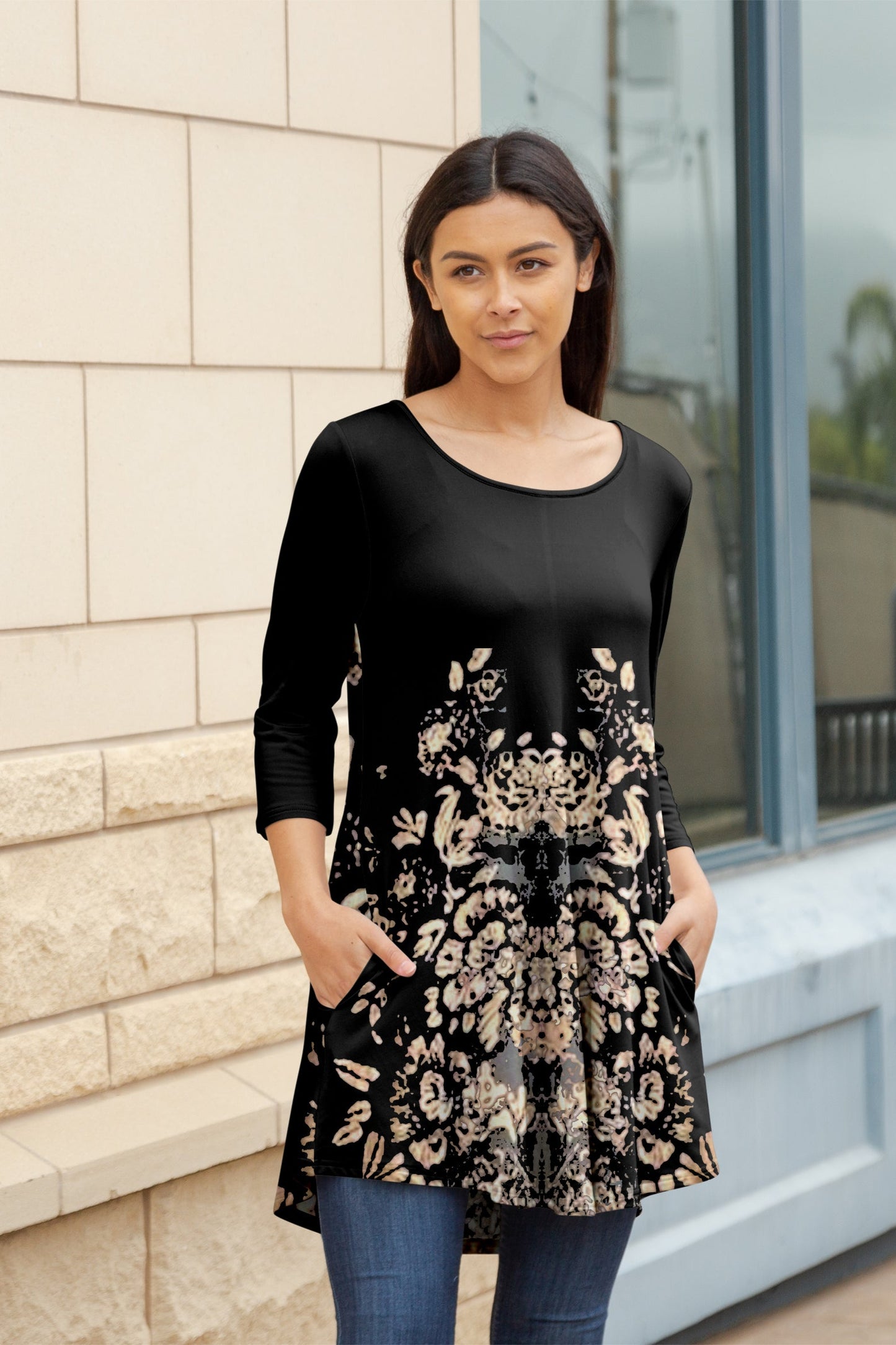 Flattering Long-Sleeve Tunic with Side Pockets -Black Gold Floral
