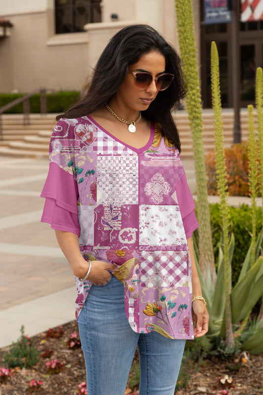 Brown Dots-Oversized Flattering Tunic with Double Ruffle Sleeves