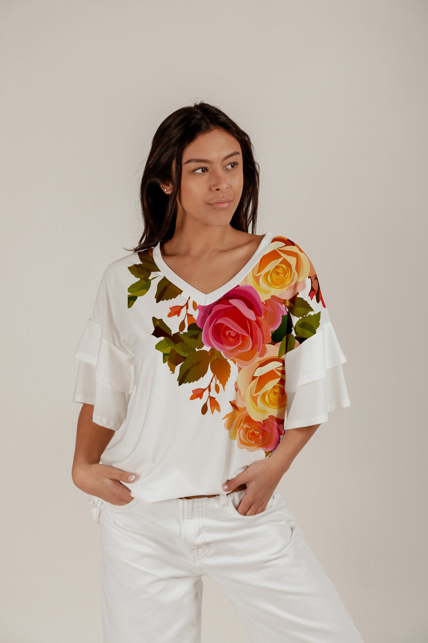 Rust Dots White Floral-Oversized Flattering Tunic with Double Ruffle Sleeves