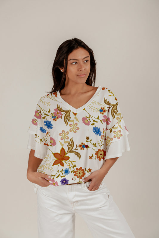 Rust Dots White Floral-Oversized Flattering Tunic with Double Ruffle Sleeves