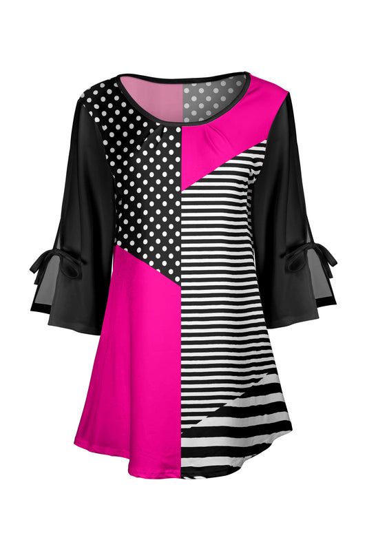 Classic Split-Sleeve Tunic with Tie Details-Blue White Abstract