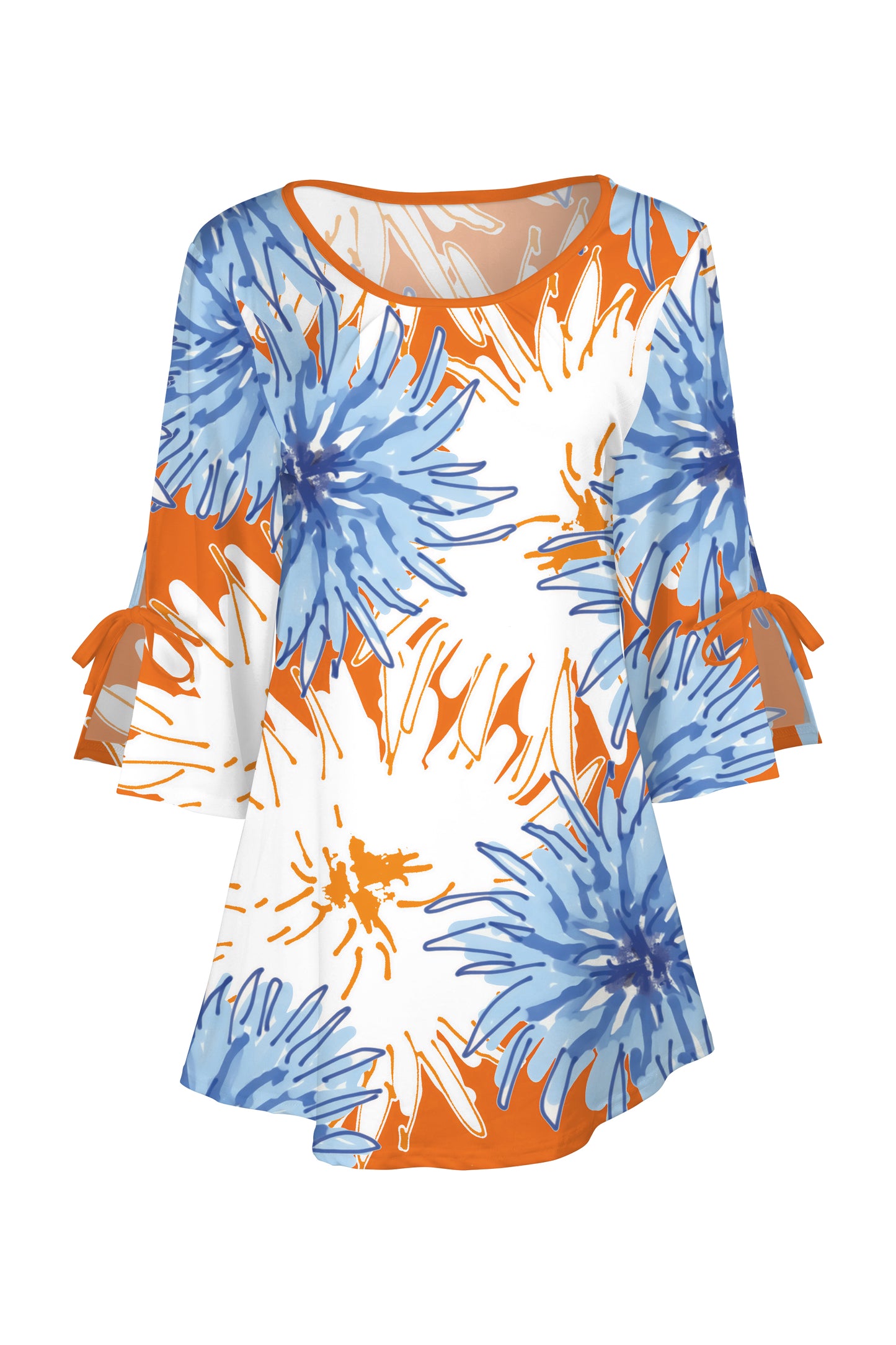 Classic Split-Sleeve Tunic with Tie Details-Brown White Floral