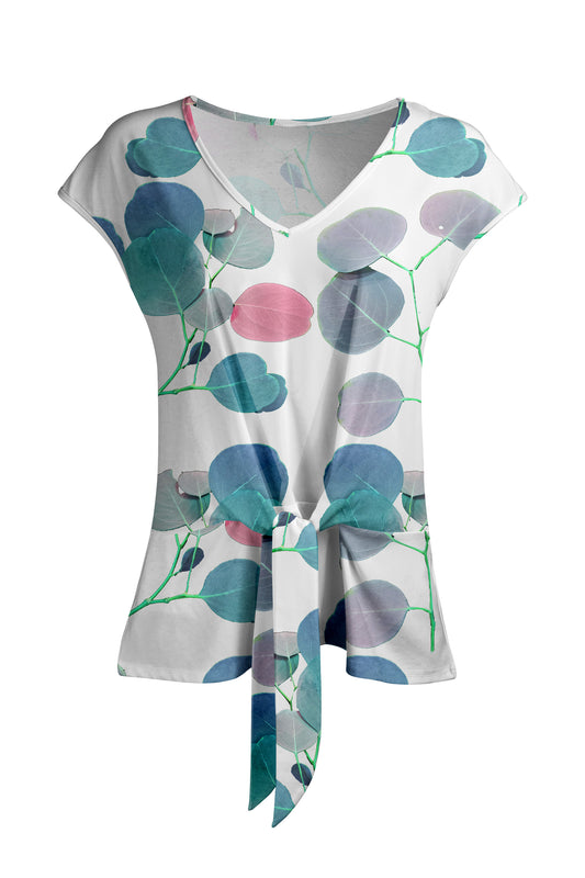 Cap Sleeve Top with Front Tie & V-Neckline - Floral Terracotta