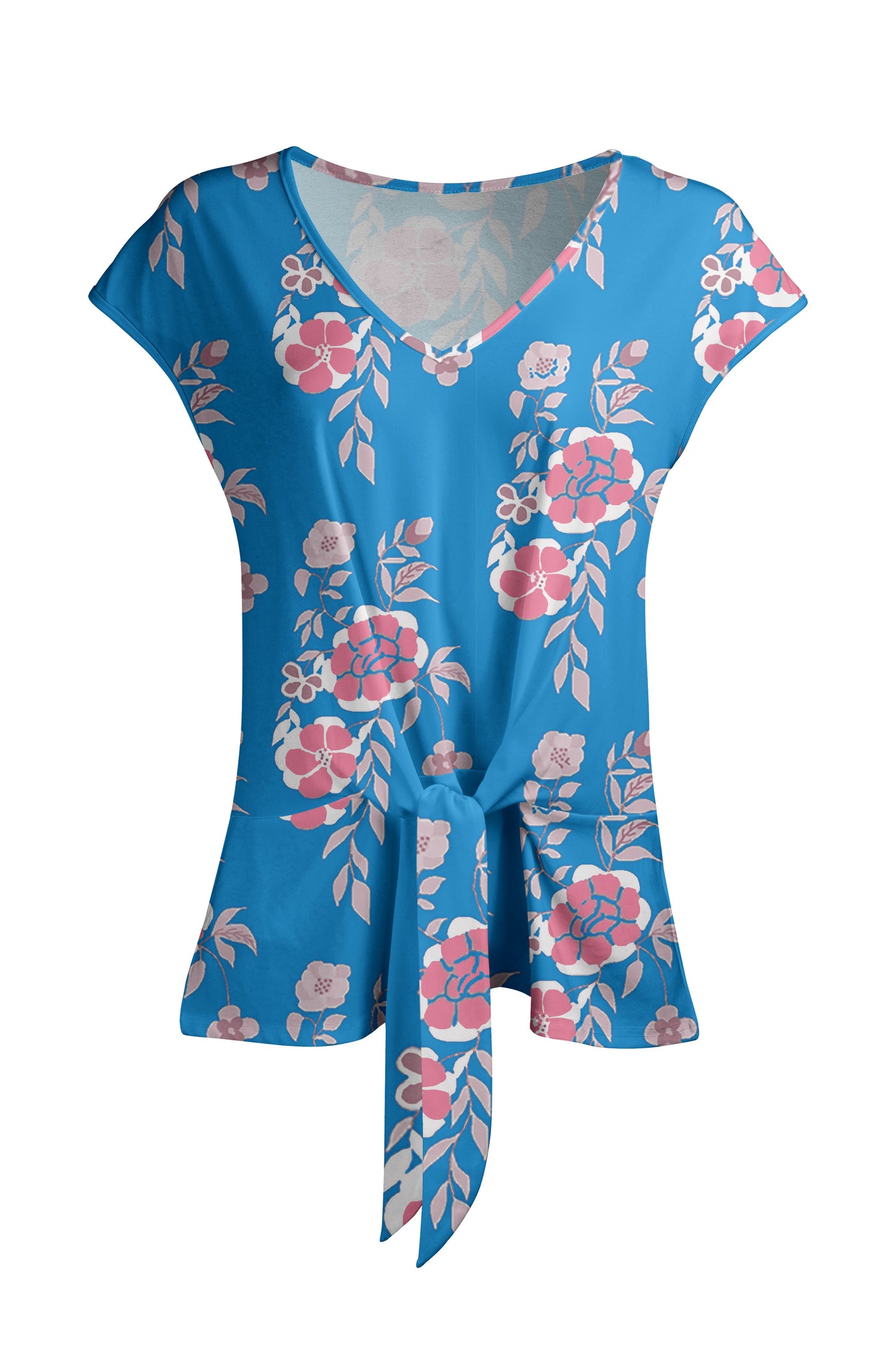 Cap Sleeve Top with Front Tie & V-Neckline - Pink & White Floral