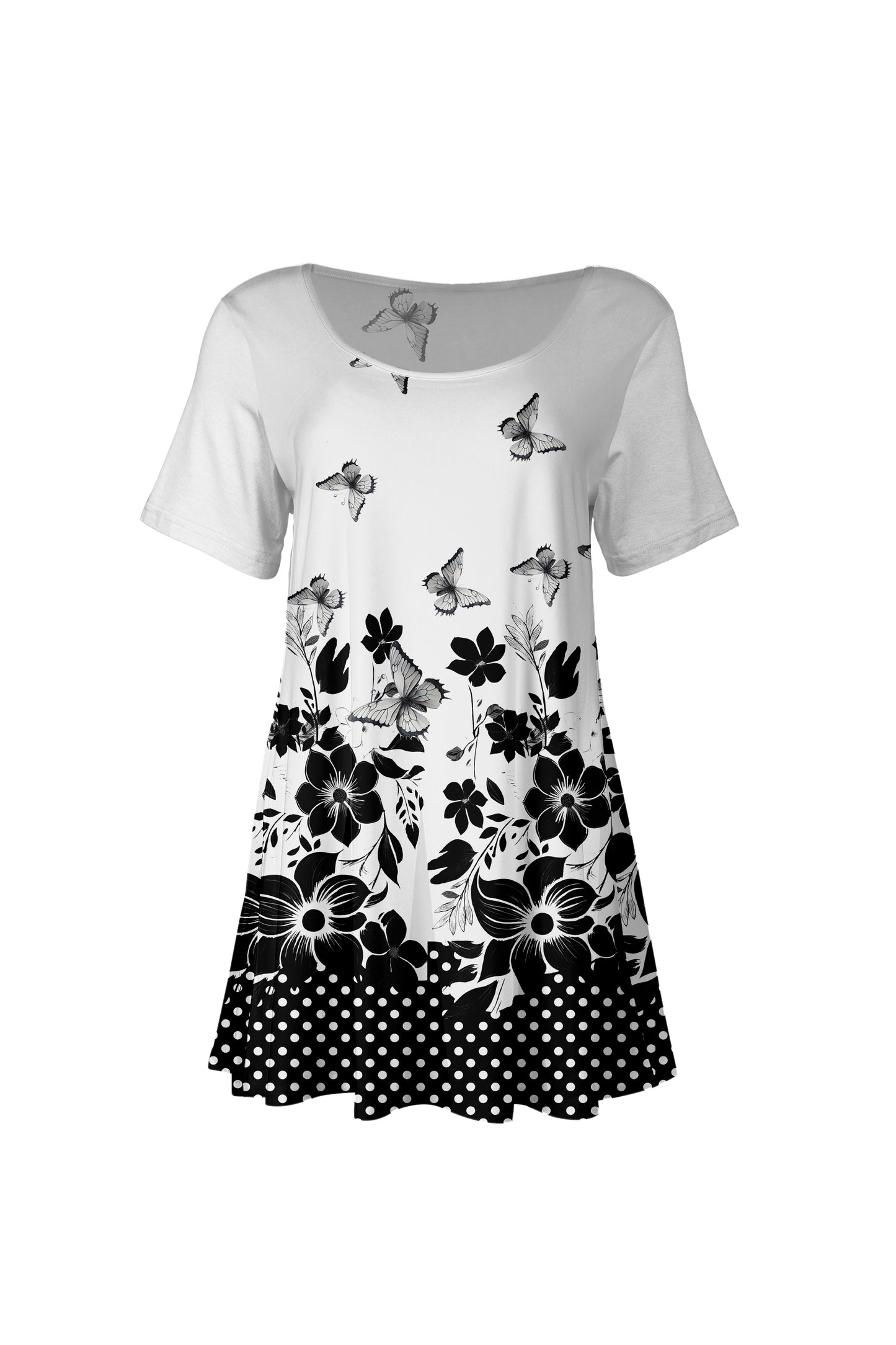 Flattering Short-Sleeve Tunic with Scoop Neckline Gray & Pink Spring
