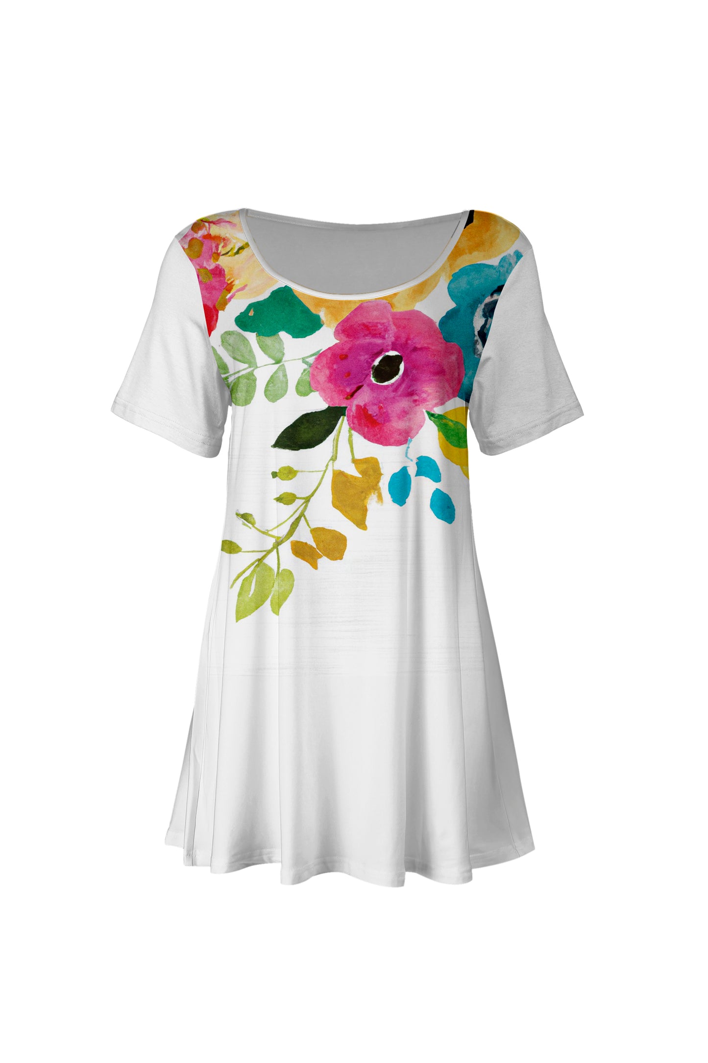Flattering Short-Sleeve Tunic with Scoop Neckline Gray & Pink Spring