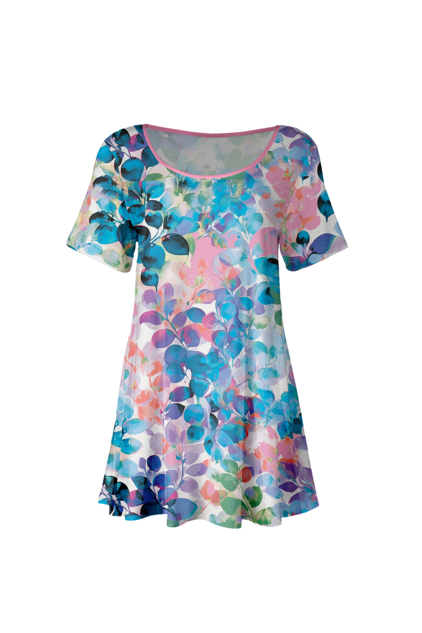 Flattering Short-Sleeve Tunic with Scoop Neckline Gray & Pink Spring