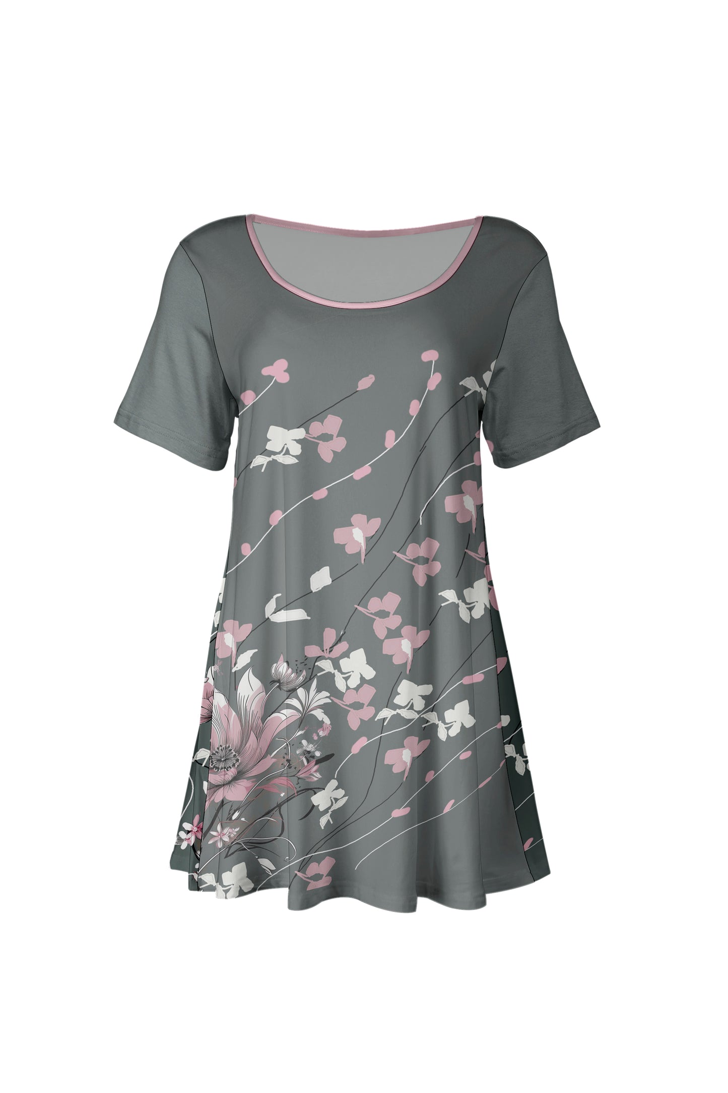 Flattering Short-Sleeve Tunic with Scoop Neckline Gray & Pink Spring