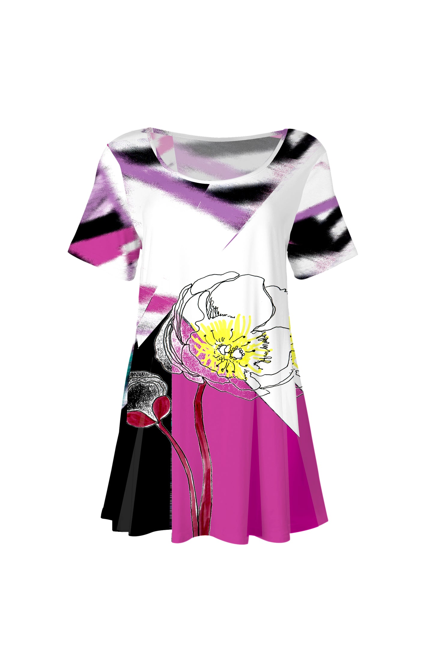 Flattering Short-Sleeve Tunic with Scoop Neckline Gray & Pink Spring