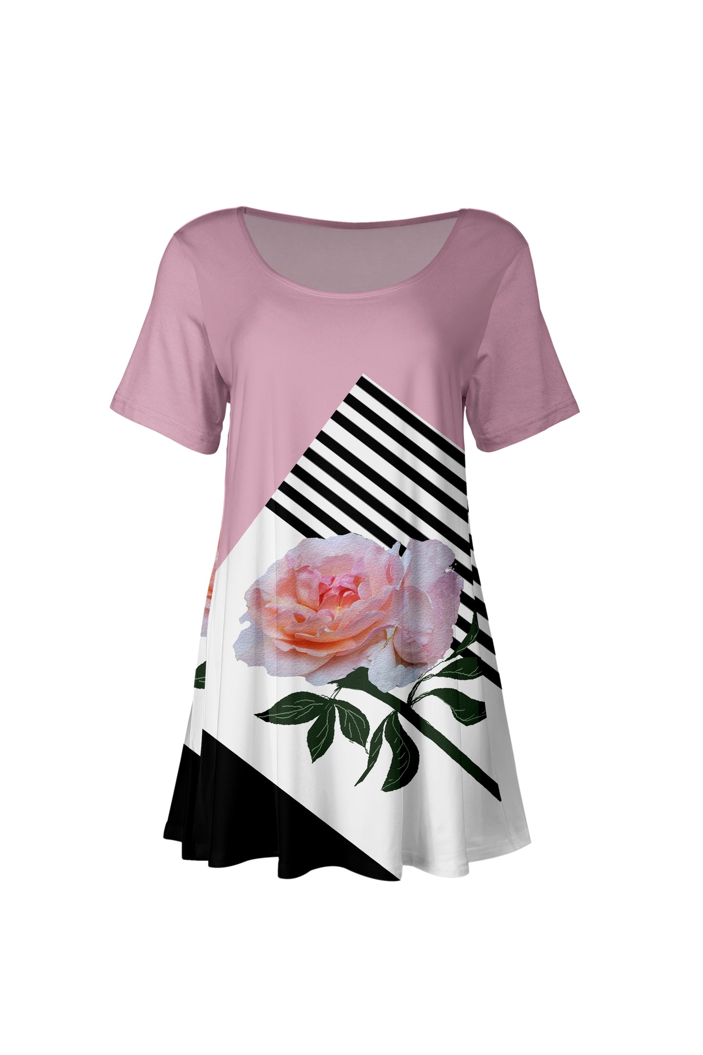Flattering Short-Sleeve Tunic with Scoop Neckline Gray & Pink Spring