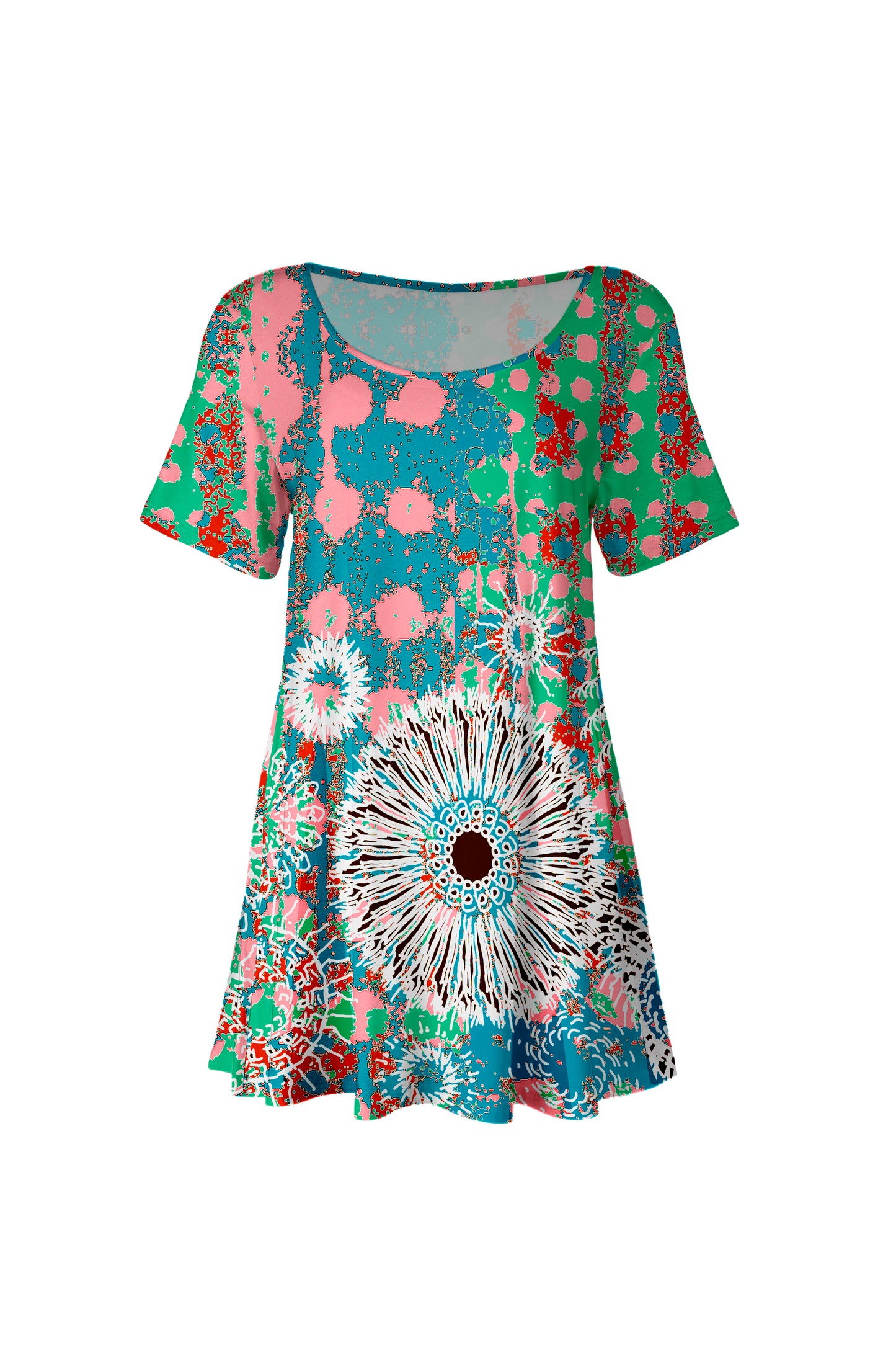 Flattering Short-Sleeve Tunic with Scoop Neckline Gray & Pink Spring