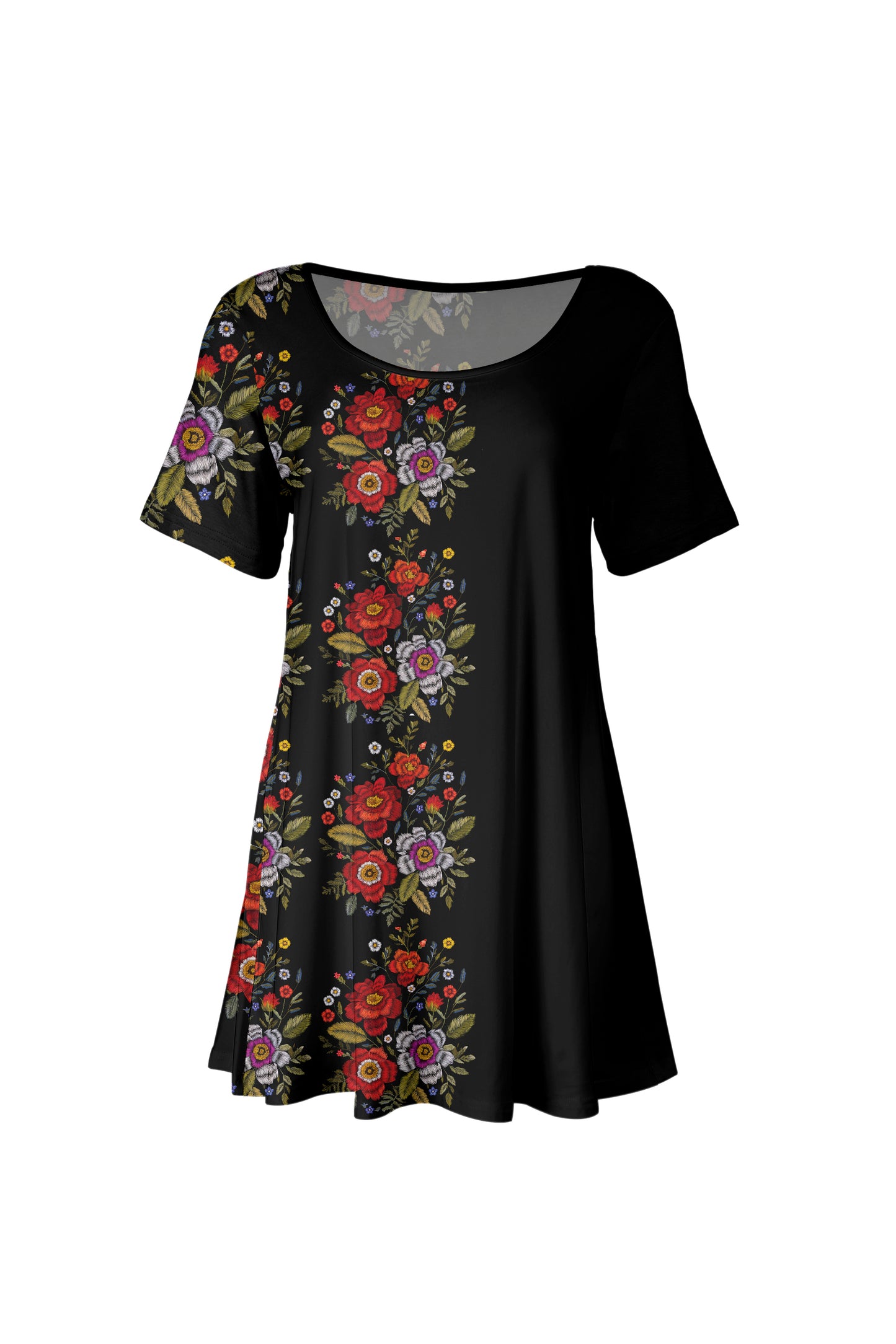Flattering Short-Sleeve Tunic with Scoop Neckline Gray & Pink Spring