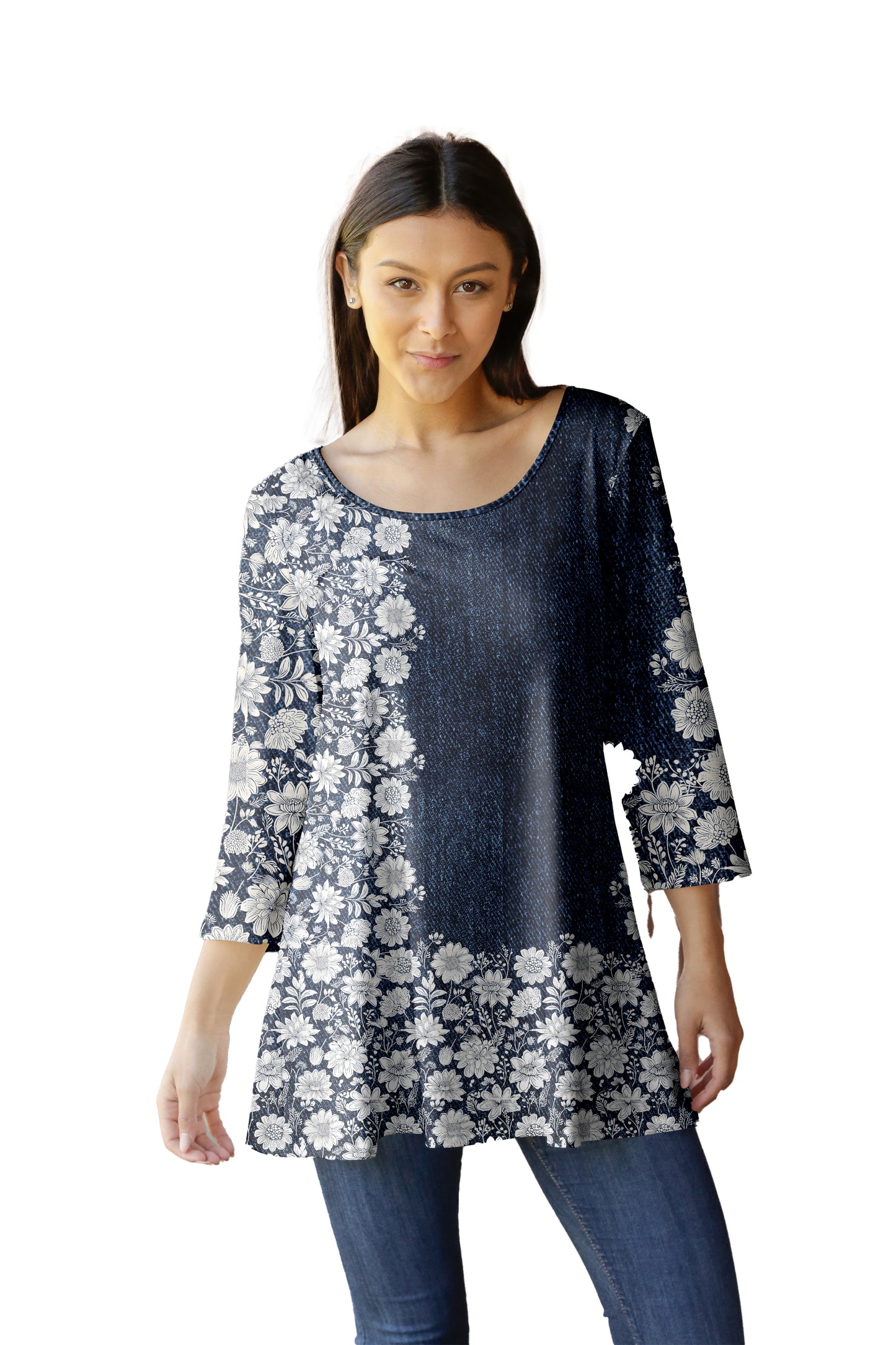 Long-Sleeve Scoop Neck Tunic-Black White
