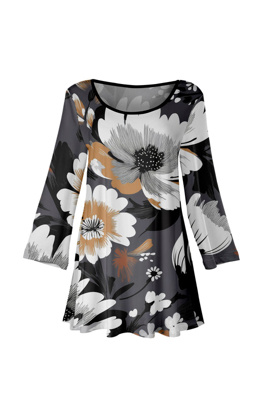 Long-Sleeve Scoop Neck Tunic-Navy White Floral