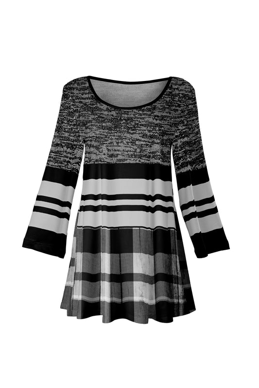 Long-Sleeve Scoop Neck Tunic-Black White Diamond Plaid