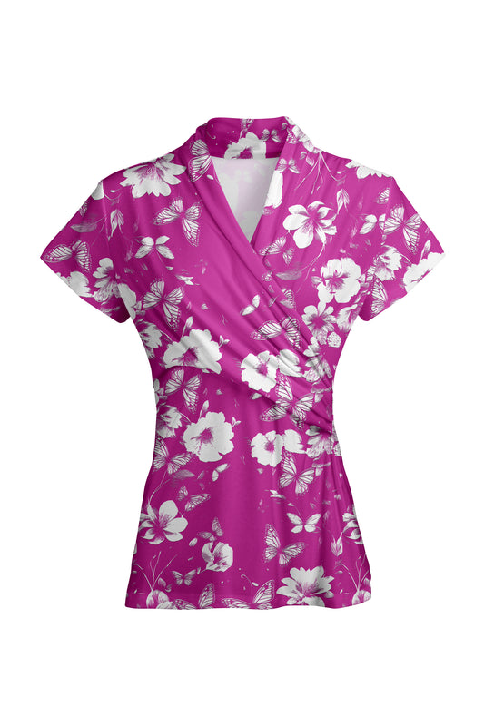 Short-Sleeve Patchwork Top-Black Blue Pink