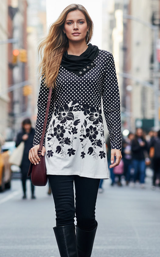 Classic Cowl Neck Tunic - Brown Animal Floral