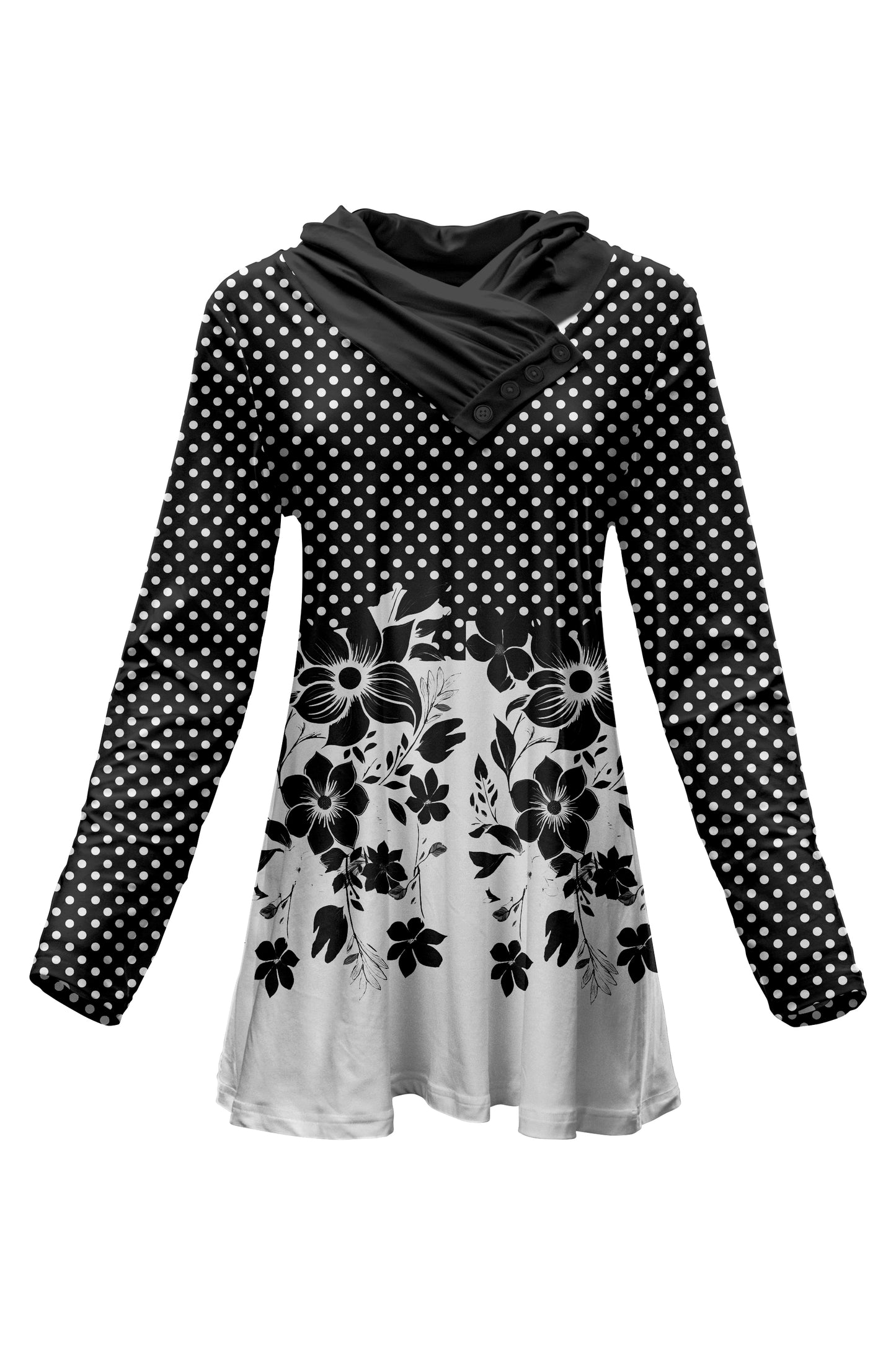 Classic Cowl Neck Tunic-Black White Fixed Floral