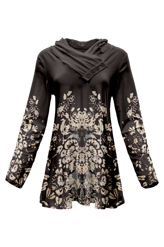 Classic Cowl Neck Tunic-Brown Animal Dots