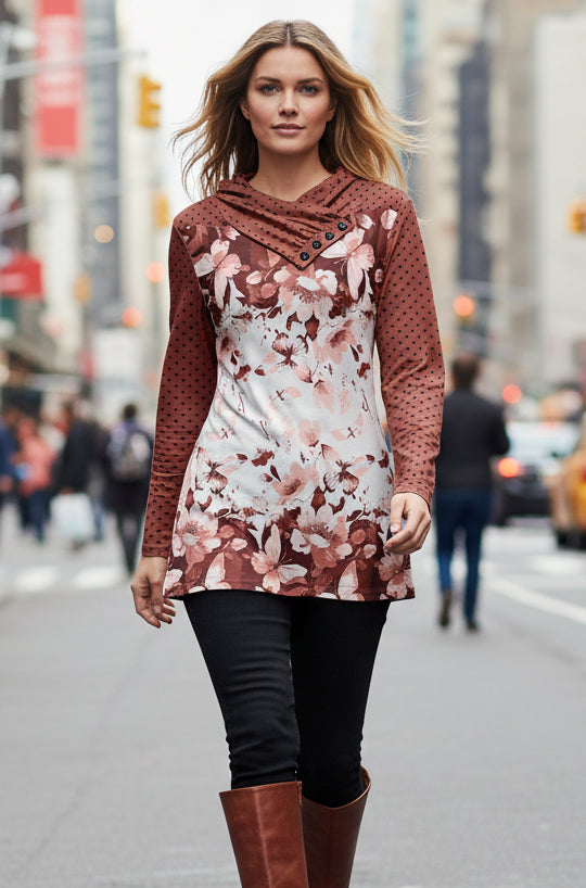 Classic Cowl Neck Tunic-Black White Fixed Floral