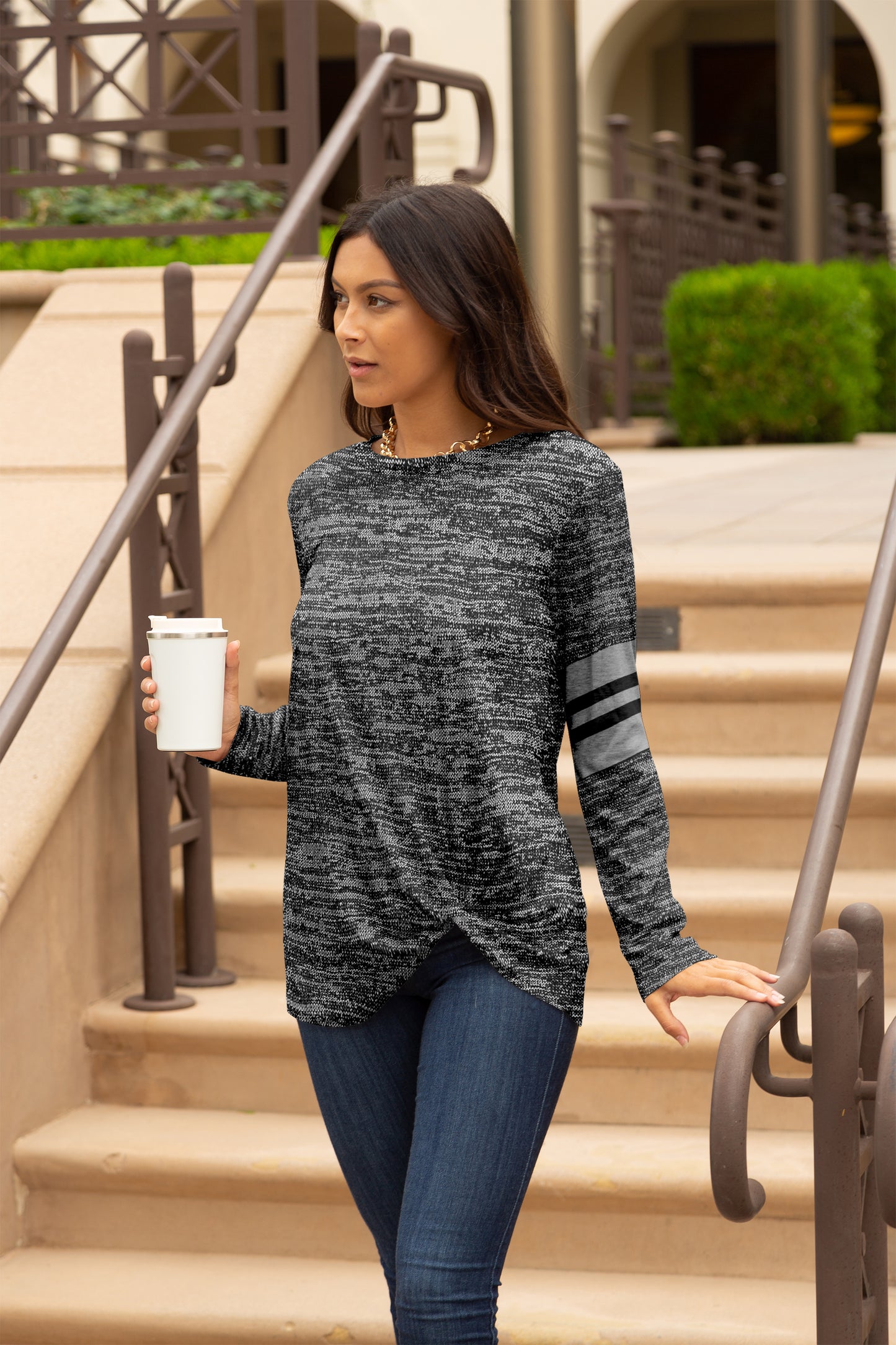 Twist Hem Long Sleeve Tunic-Grey
