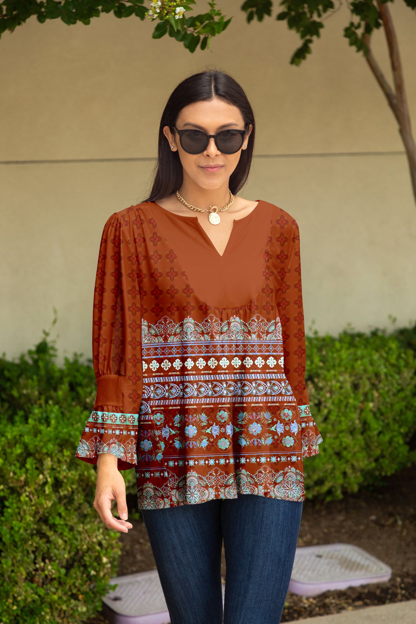Bold Patch Collar Tunic-Rust Red