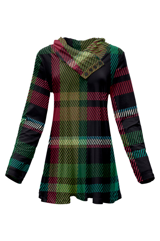 Classic Button-Collar Knit Tunic-Black Brown Floral