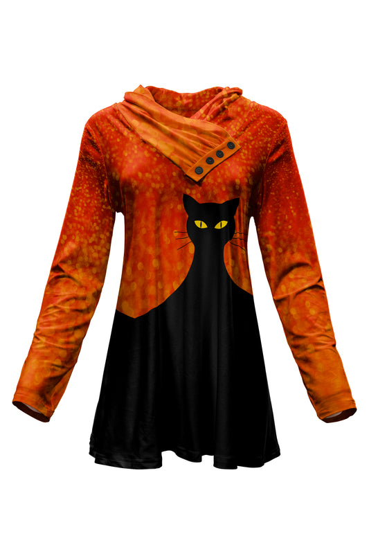 Classic Button-Collar Knit Tunic-Black Orange Plaids