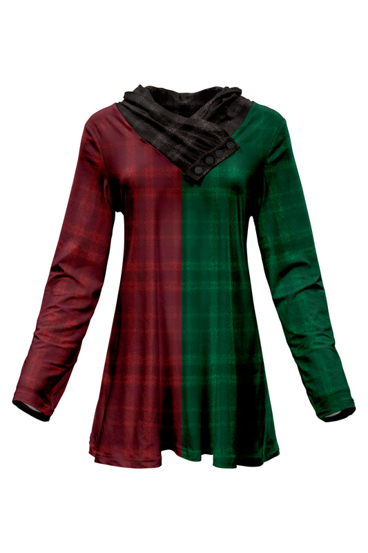 Classic Buttons Collar Tunic-Brown Orange Plaids