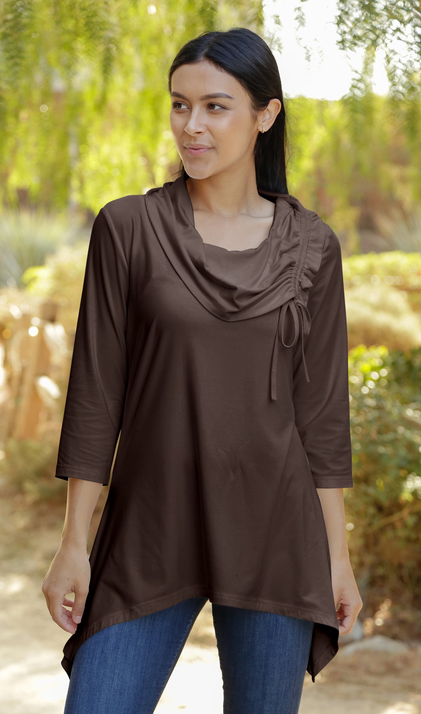 Unique Collar Tunic-Brown White Multi