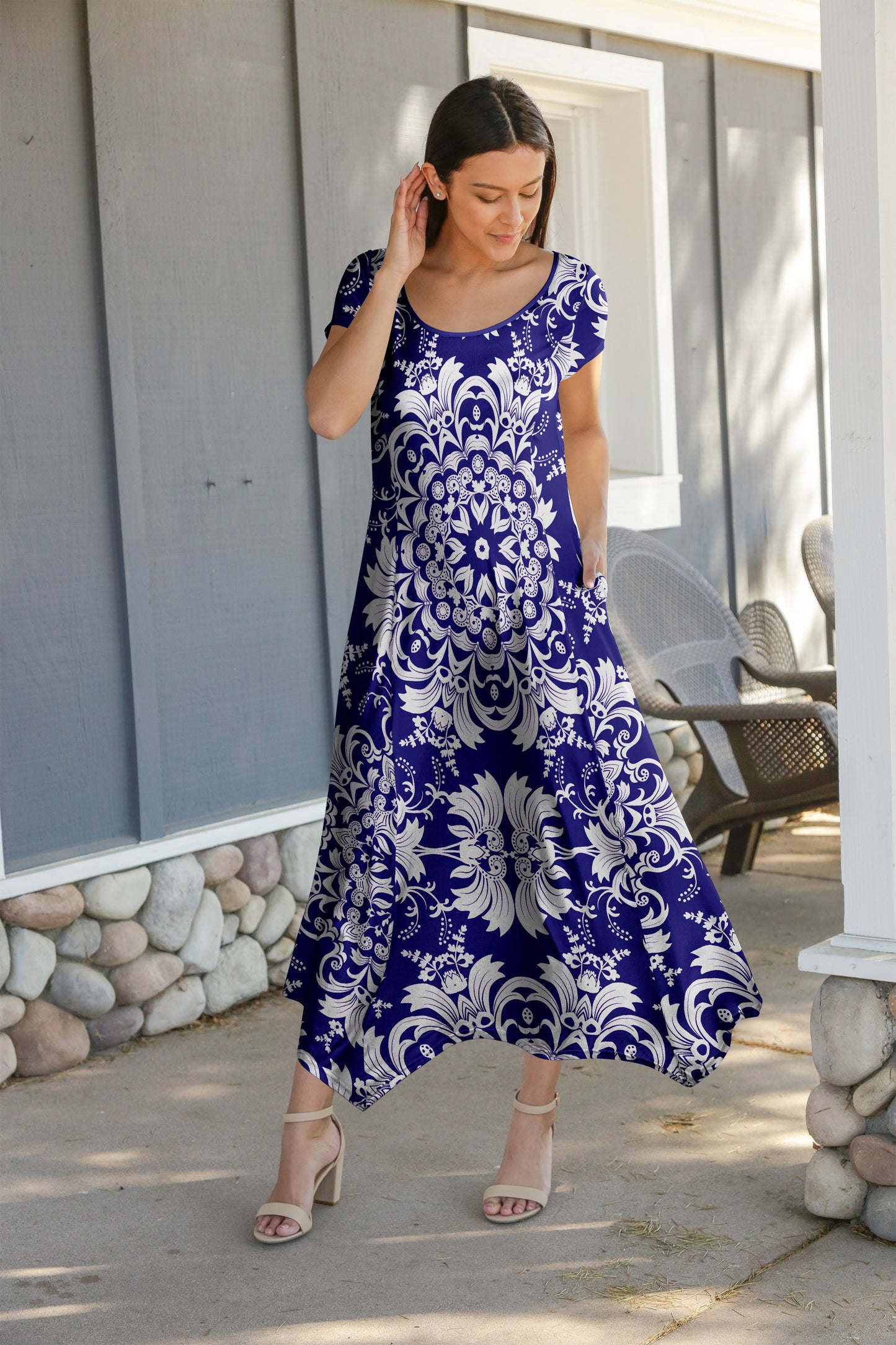 Beautiful Printed Women's Maxi Dress-LKD2500340 Navy White