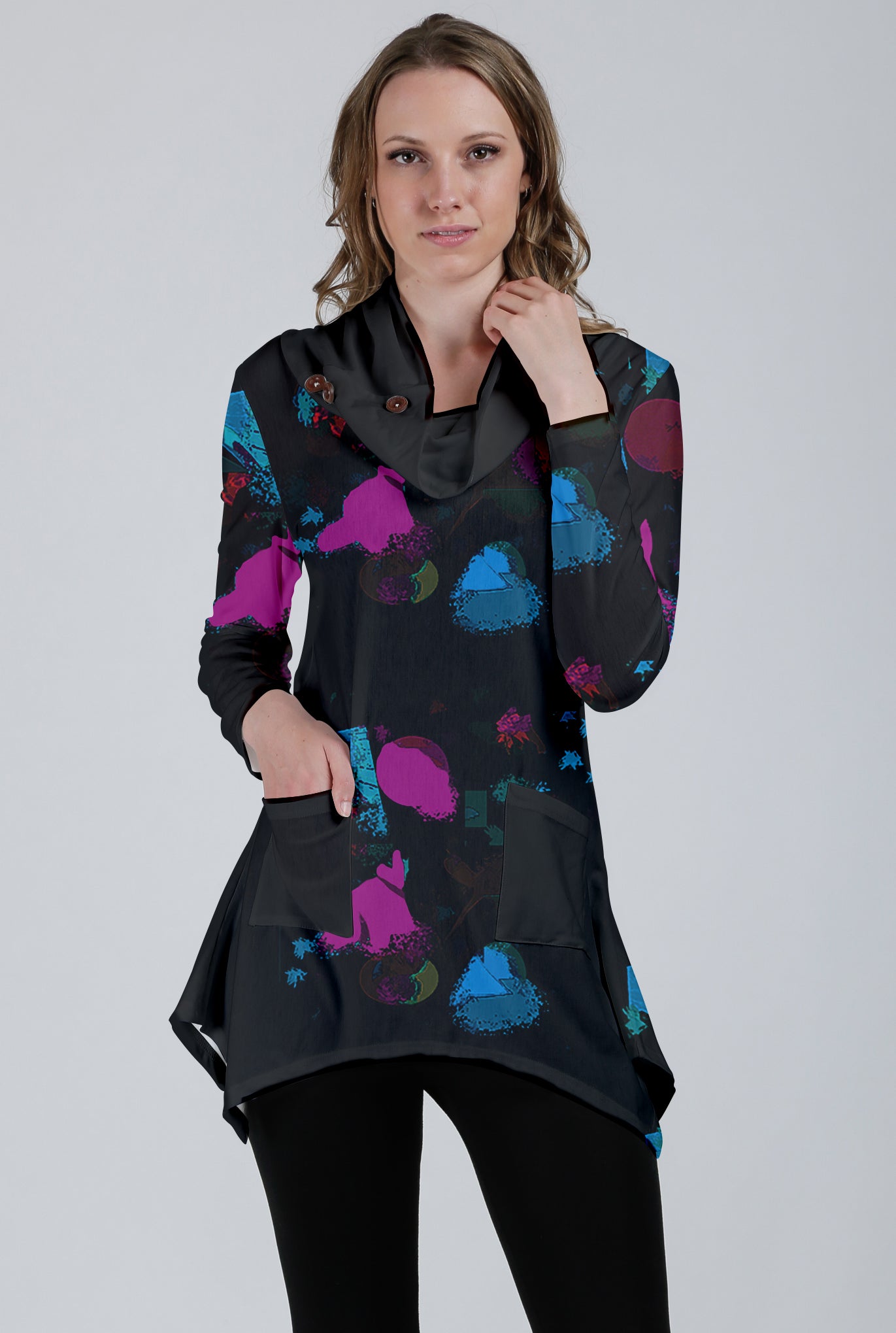 Unique Cowl-Neck Pocket Tunic-Black Pink Blue