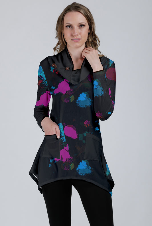 Unique Cowl-Neck Pocket Tunic-Blue Multi