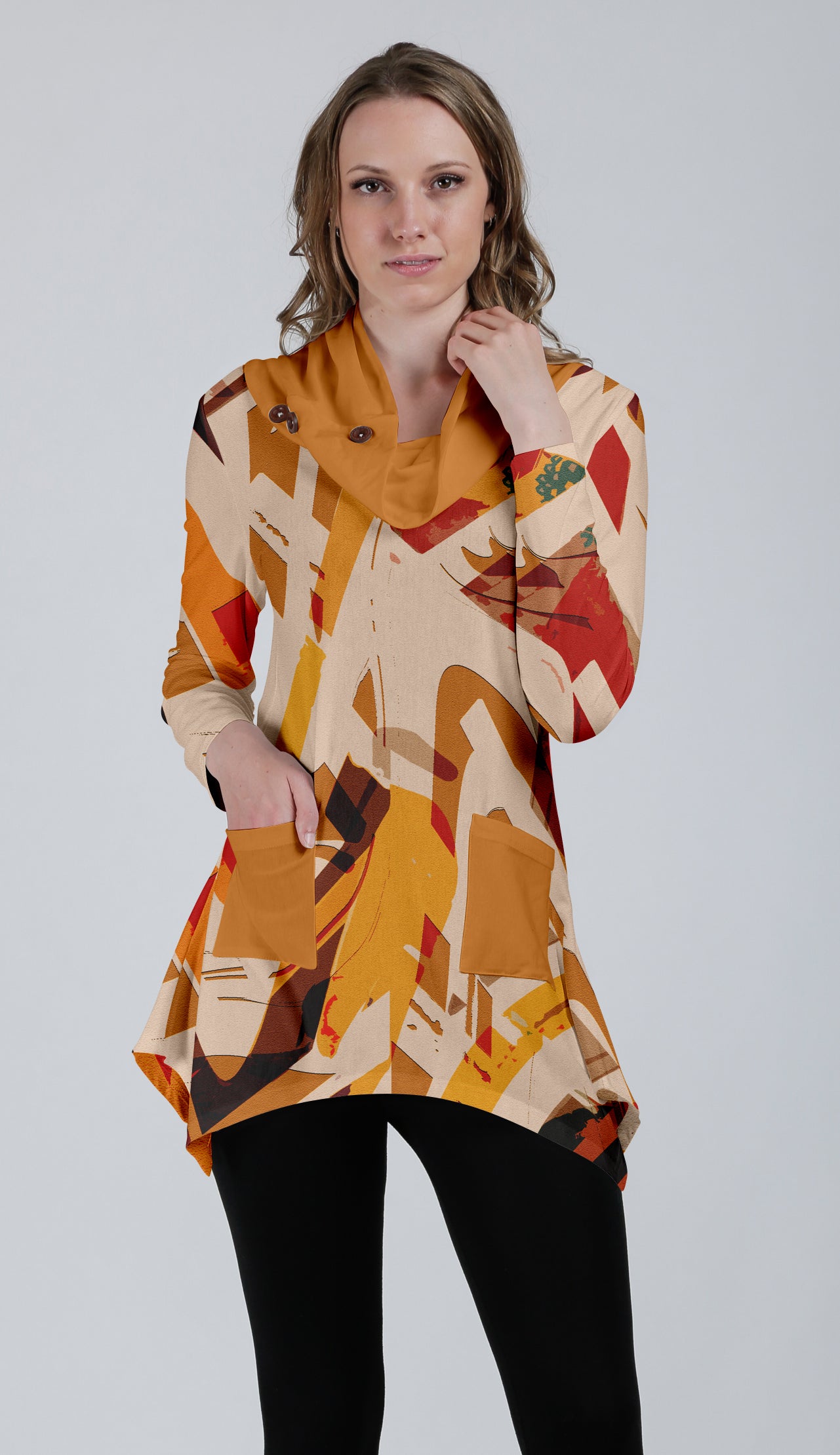 Unique Cowl-Neck Pocket Tunic-Black Pink Blue