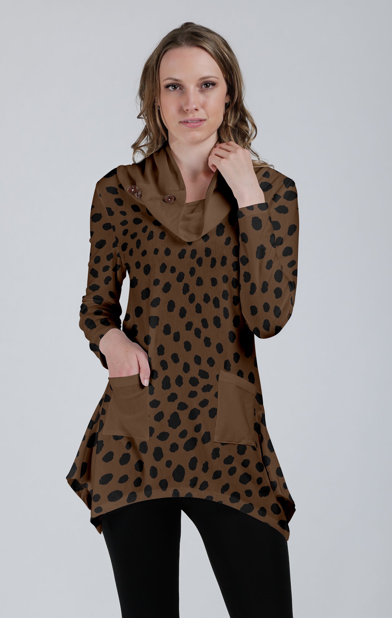Unique Cowl-Neck Pocket Tunic-Black Pink Blue