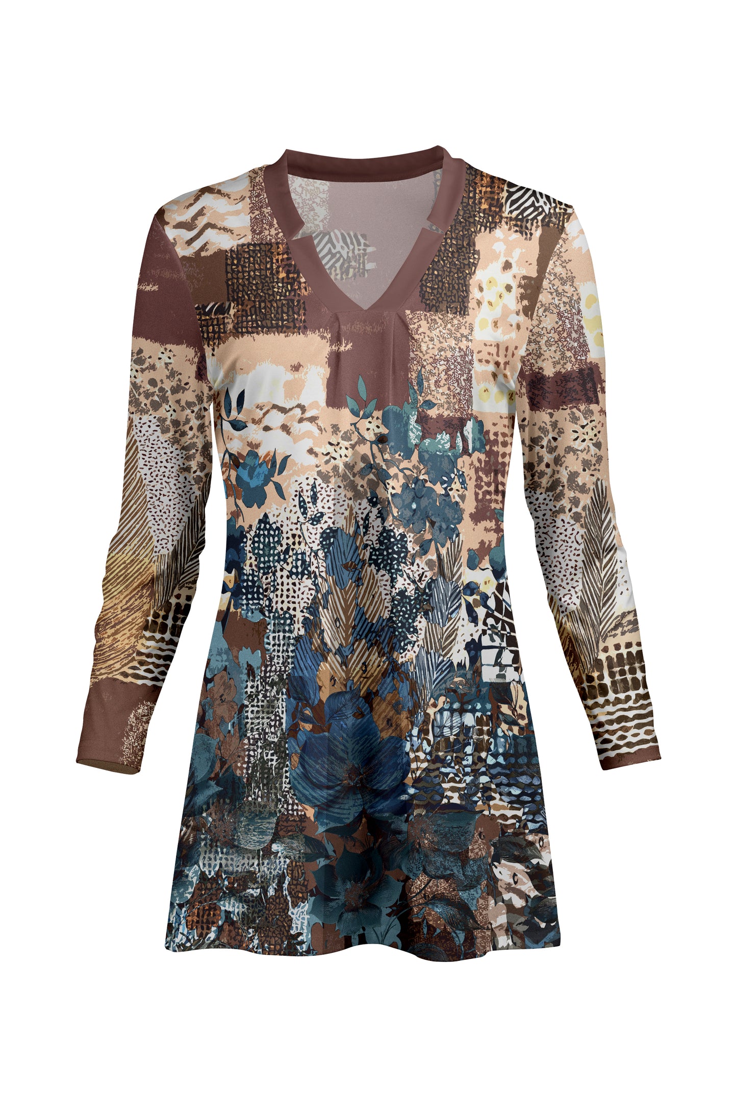 Classic V-Collar Gathered Tunic-Teal Green Multi