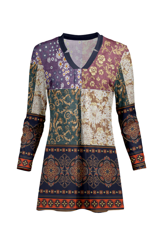 Classic V-Collar Gathered Tunic-Black White Plaids