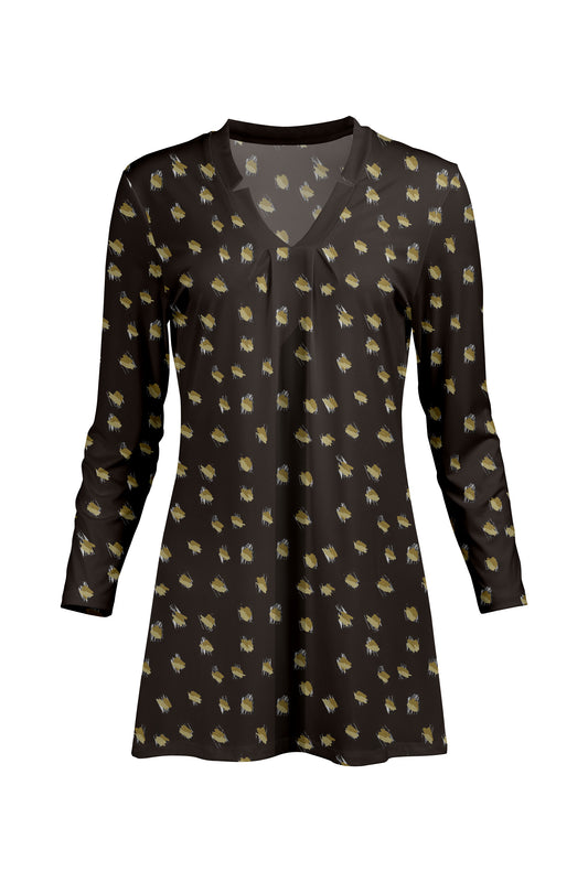 Classic V-Collar Gathered Tunic-Blue Multi