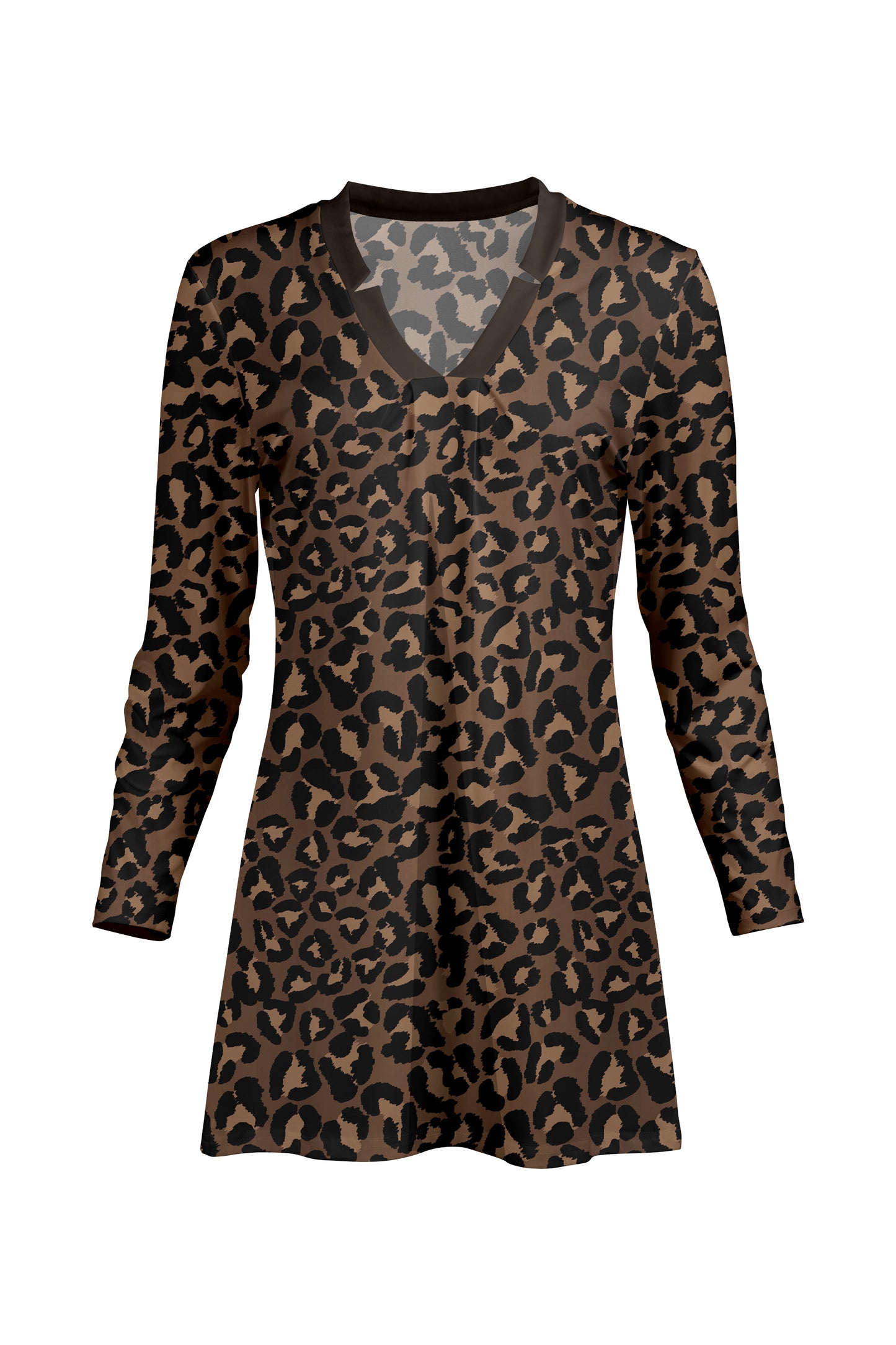 Classic V-Collar Gathered Tunic-Brown Black Animal
